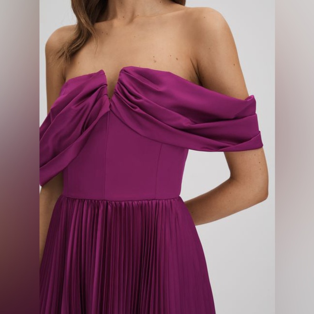 NWT Amur Tilly Pleated Satin Off Shoulder Dress Anthropologie BHLDN - Picture 7 of 12